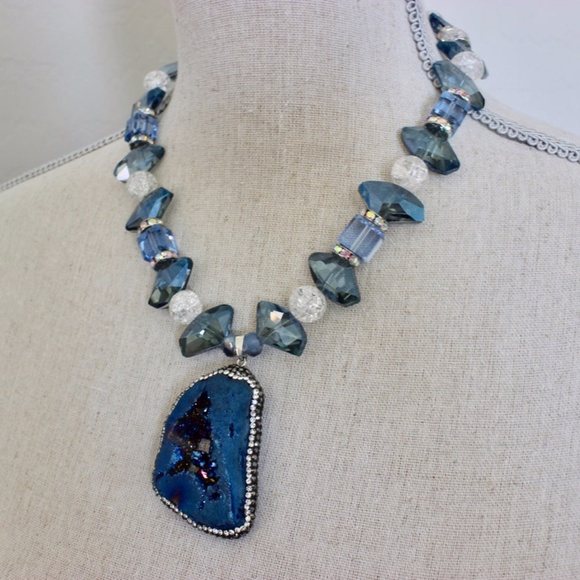 Cobalt Blue Druzy Stone Pendant Crystals Necklace - Picture 5 of 7
